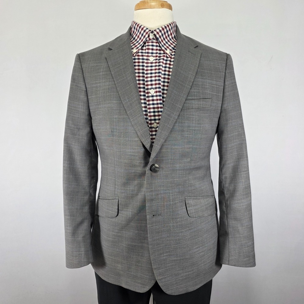Perry Ellis Men's Sport Coat Blazer Two Button Gray‎ Plaid Poly Very Slim 44S